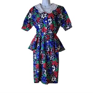 Vtg 80s Sabino Peplum Dress Size 10 Black & Multicolor Floral 100% Cotton